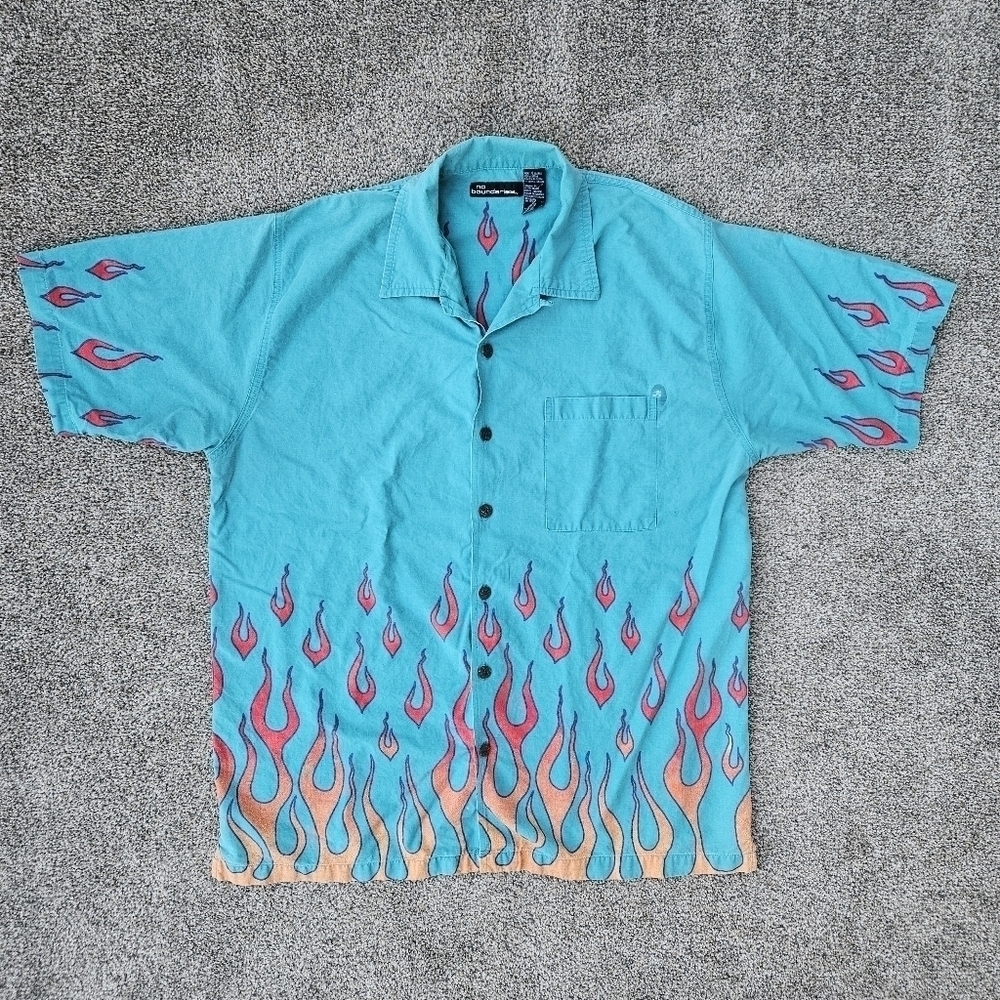 Vintage No Boundaries Flame Button Up Teal Blue Fire Bowler Hawaiian Shirt XL